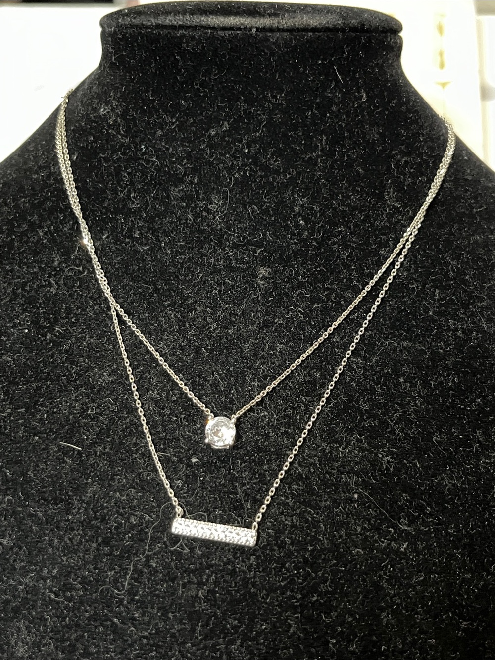 Silver-Tone Double Layer Necklace with Crystal Pendant and Pavé Bar